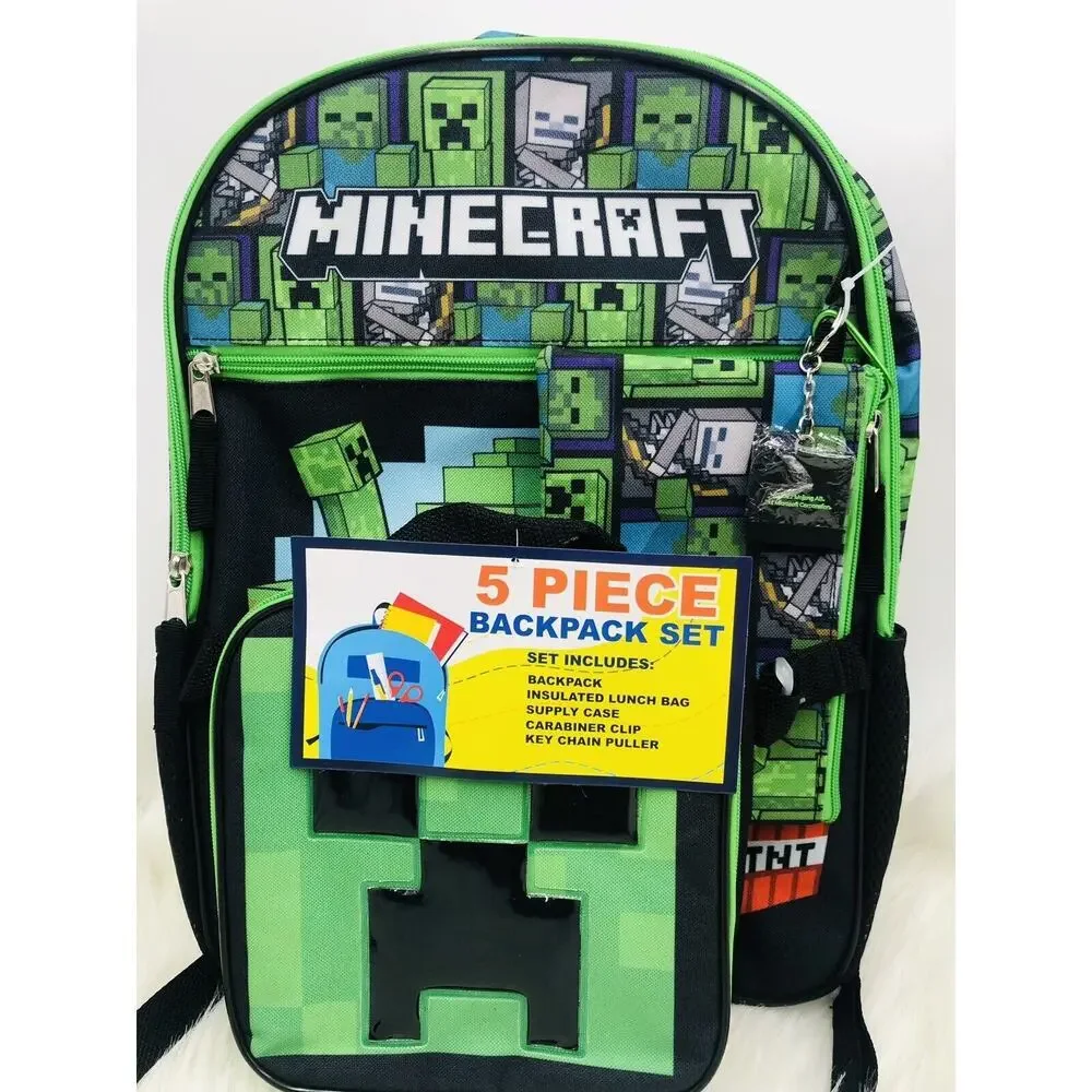 Minecraft 5 Piece Backpack Set‎ Creeper Face Insulated Lunch Bag Keychain Puller